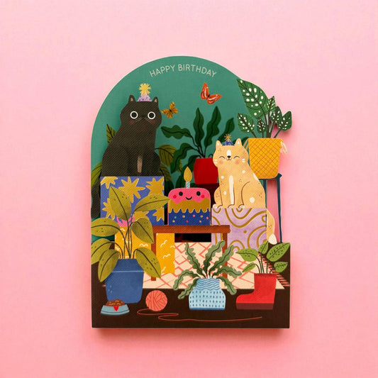 Gimtadienio atvirukas su katinais ir tortu